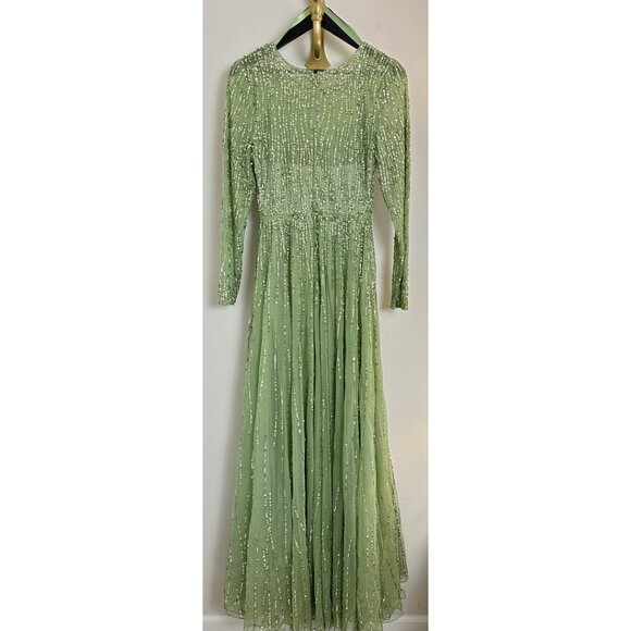 MAC DUGGAL Green Illusion High Neck Long Sleeve Embellished Gown Sage Size US 6 - Picture 10 of 16